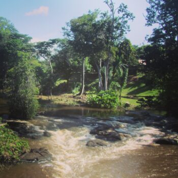 Some rapids in front of a tiny jungle village