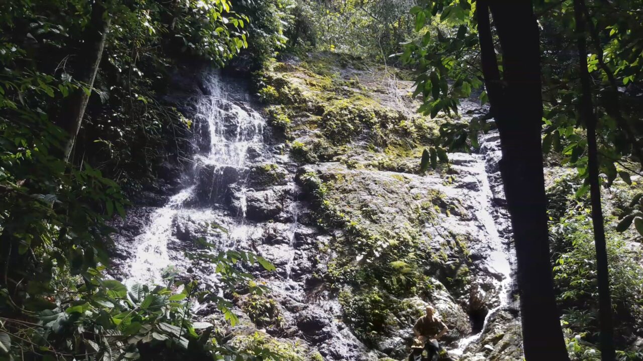 A huge jungle waterfall in the tropical rainforest